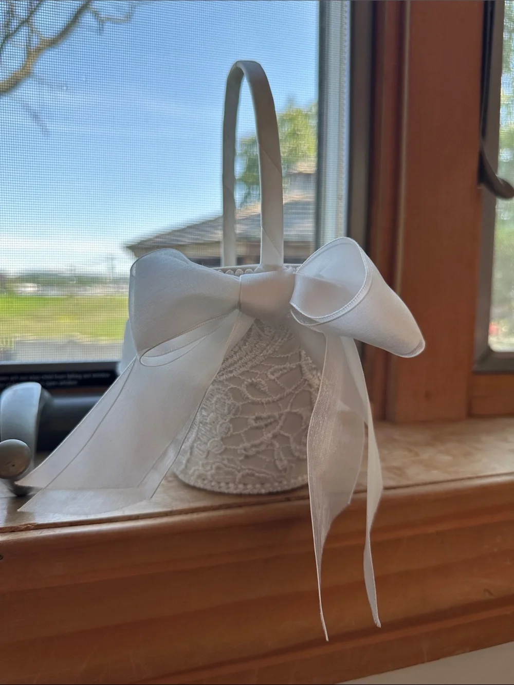 White Lace Flower Girl Basket with Satin Bows